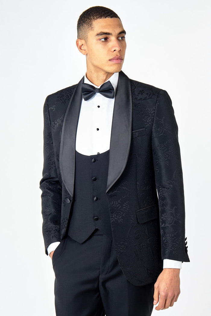 HENRY – BLACK 3 PIECE TUXEDO SUIT DAMASK FLOCKED JACQUARD PRINTED