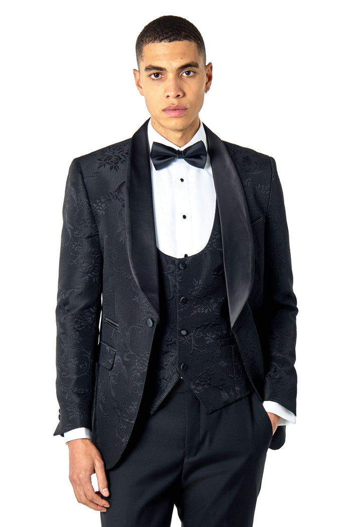 HENRY – BLACK DAMASK FLOCKED JACQUARD PRINT 3 PIECE TUXEDO SUIT
