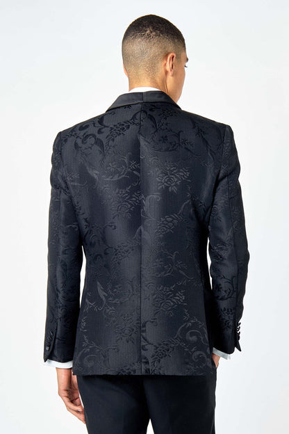 HENRY – BLACK DAMASK FLOCKED JACQUARD PRINT 3 PIECE TUXEDO SUIT
