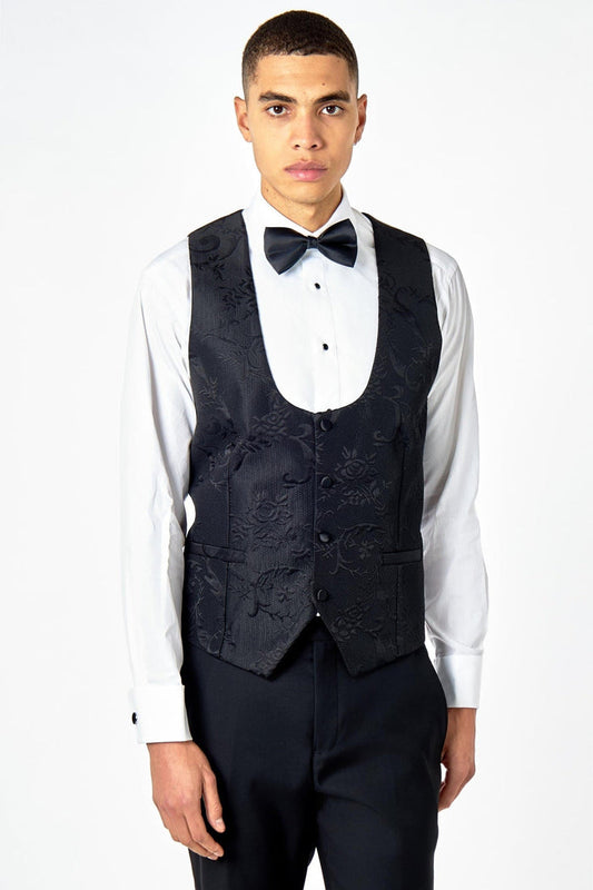 HENRY – FLOCKED BLACK JACQUARD TUXEDO SUIT WAISTCOAT