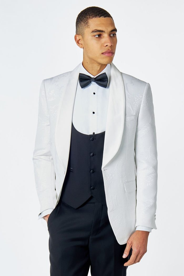 HENRY – WHITE 3 PIECE TUXEDO SUIT DAMASK FLOCKED JACQUARD PRINTED