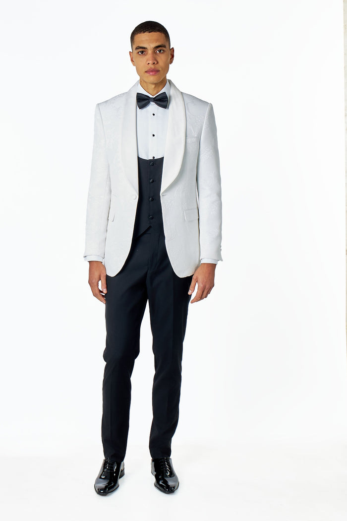 HENRY – WHITE 3 PIECE TUXEDO SUIT DAMASK FLOCKED JACQUARD PRINTED