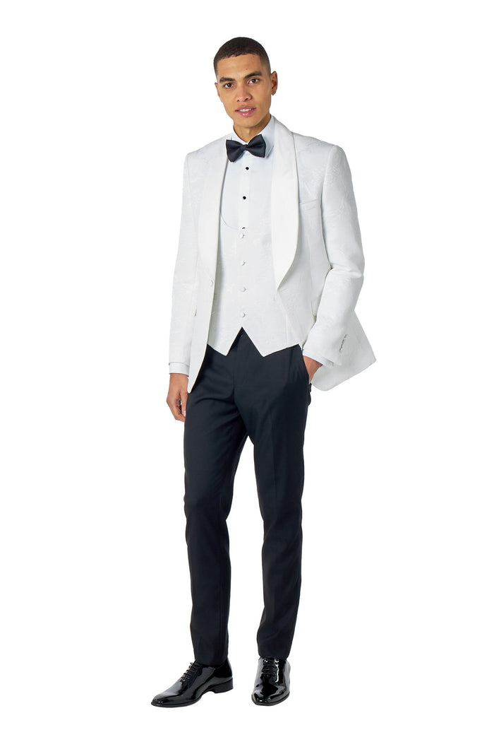 HENRY – WHITE TUXEDO SUIT JACKET DAMASK FLOCKED JACQUARD PRINTED