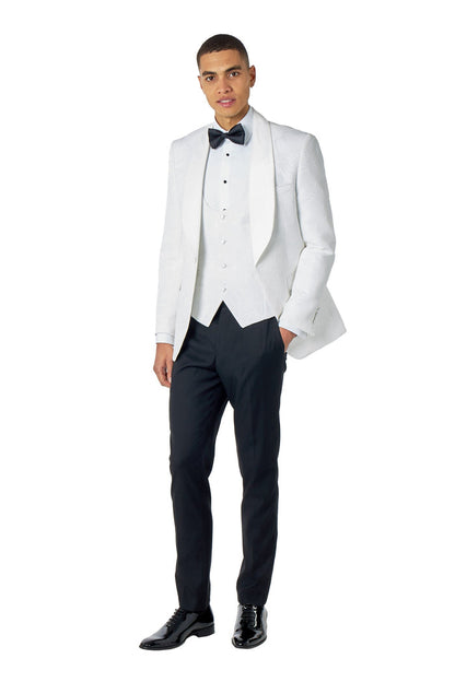 HENRY – WHITE TUXEDO SUIT JACKET DAMASK FLOCKED JACQUARD PRINTED