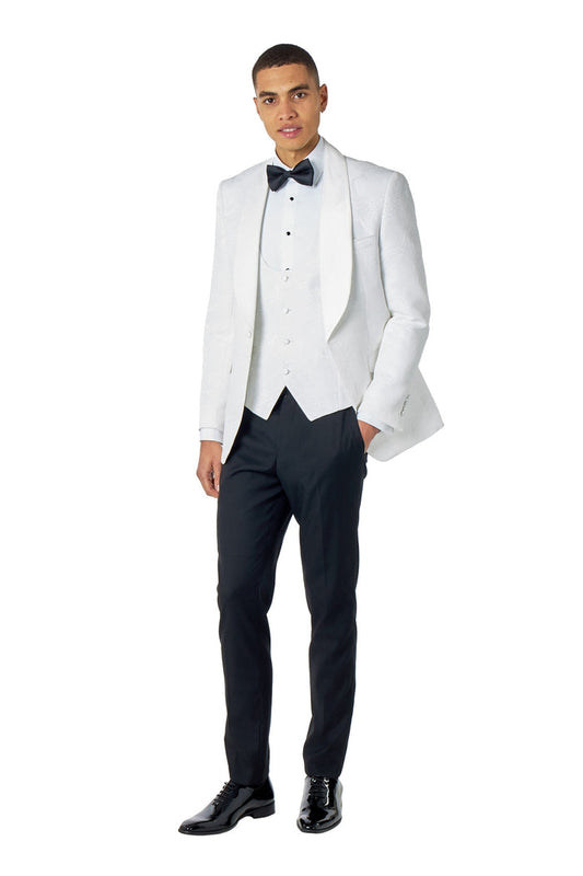 HENRY – WHITE TUXEDO SUIT JACKET DAMASK FLOCKED JACQUARD PRINTED