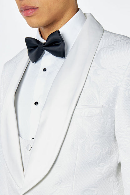 HENRY – WHITE 3 PIECE TUXEDO SUIT DAMASK FLOCKED JACQUARD PRINTED
