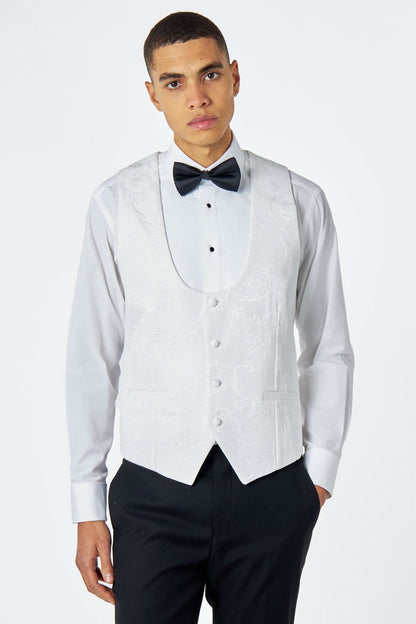 HENRY – WHITE 3 PIECE TUXEDO SUIT FLOCKED JACQUARD PRINT