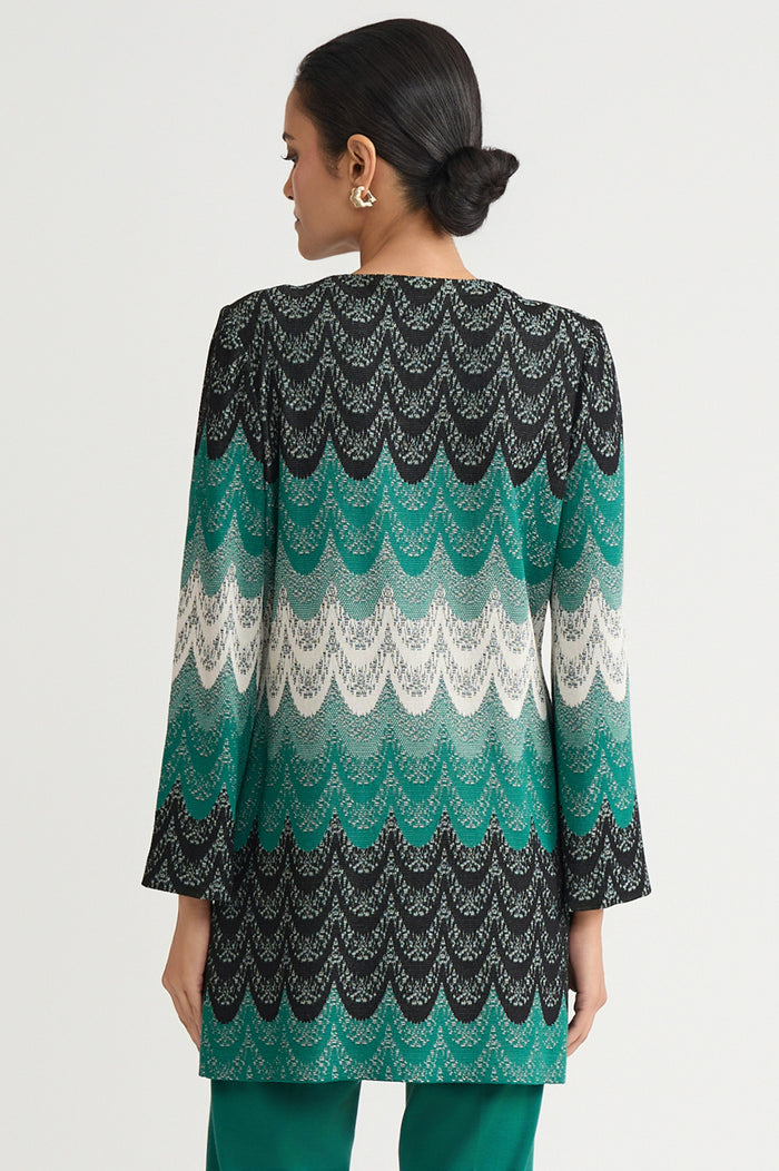 Heritage Scalloped Jacquard Soft Knit Jacket, Everest/Twig/Black/Ivory | Ming Wang