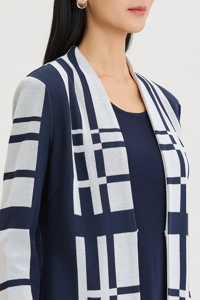 Heritage Two-Tone Geometric Knit Duster, Indigo/White | Ming Wang