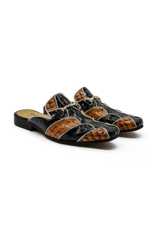 High Shine Real Leather Half Shoes Black Beige Printed