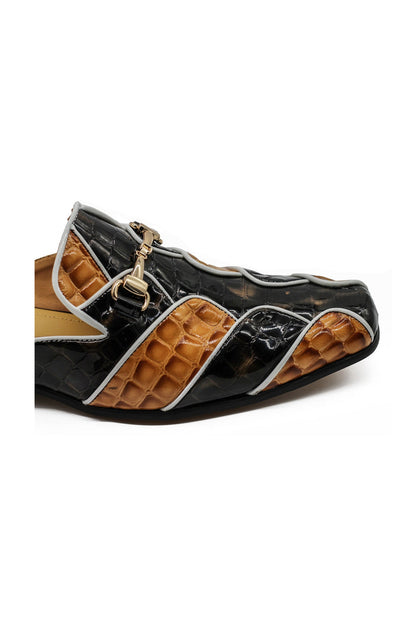 High Shine Real Leather Half Shoes Black Beige Printed