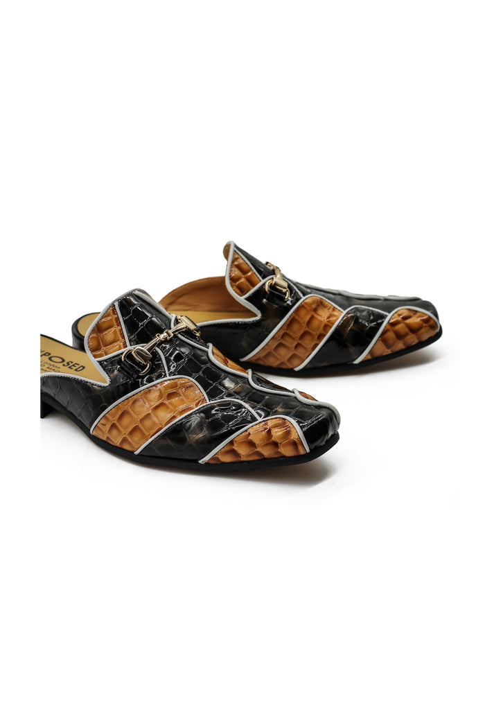 High Shine Real Leather Half Shoes Black Beige Printed