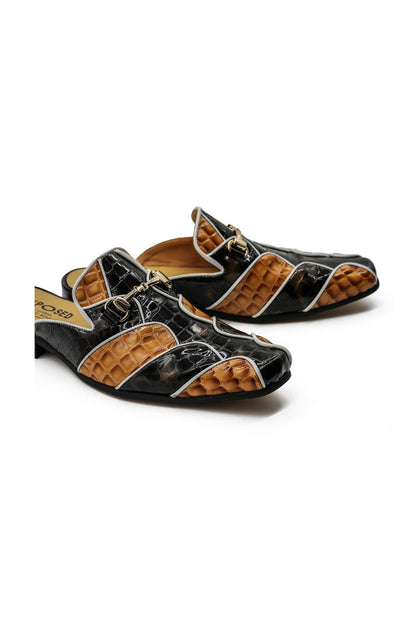 High Shine Real Leather Half Shoes Black Beige Printed