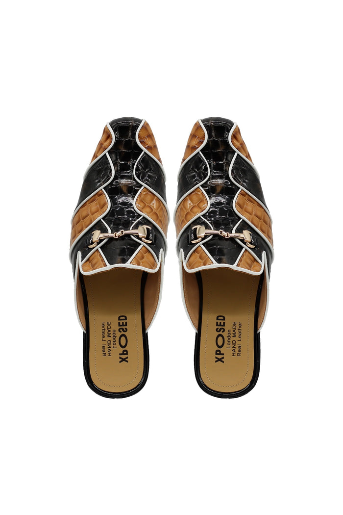 High Shine Real Leather Half Shoes Black Beige Printed