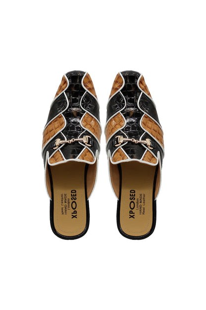 High Shine Real Leather Half Shoes Black Beige Printed