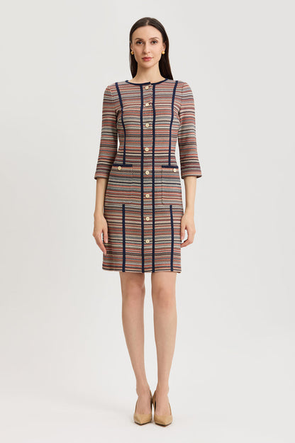 Horizontal Multi-Stitch Knit Sheath Dress, Warm Taupe/Indigo/French Almond/Sienna/Ivory | Ming Wang