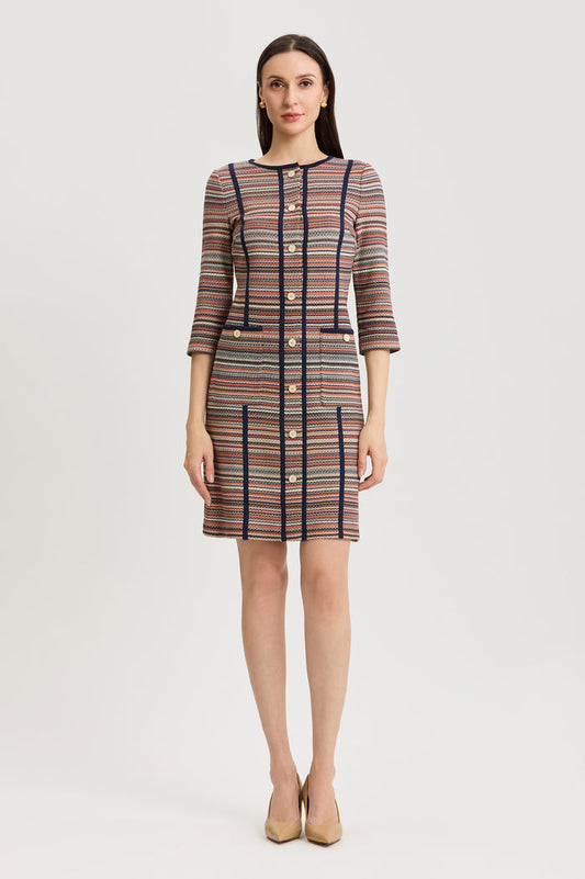 Horizontal Multi-Stitch Knit Sheath Dress, Warm Taupe/Indigo/French Almond/Sienna/Ivory | Ming Wang