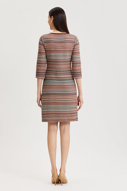Horizontal Multi-Stitch Knit Sheath Dress, Warm Taupe/Indigo/French Almond/Sienna/Ivory | Ming Wang