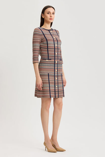 Horizontal Multi-Stitch Knit Sheath Dress, Warm Taupe/Indigo/French Almond/Sienna/Ivory | Ming Wang