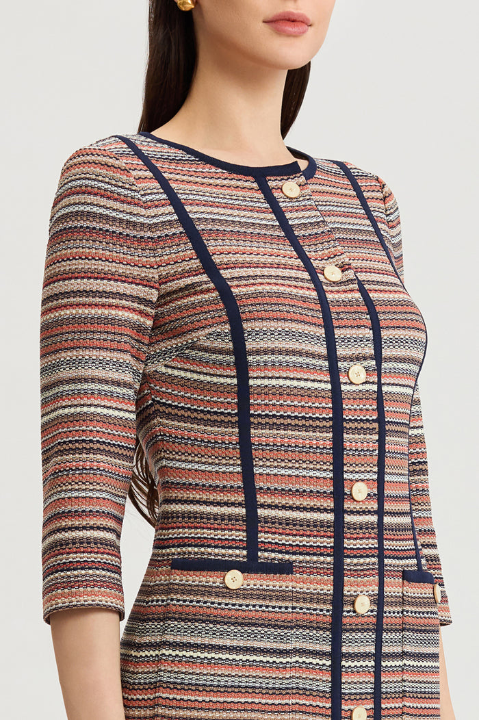Horizontal Multi-Stitch Knit Sheath Dress, Warm Taupe/Indigo/French Almond/Sienna/Ivory | Ming Wang