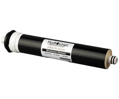 Black cylindrical HydroLogic Stealth membrane filter with white end caps, O-rings, and branded product label.