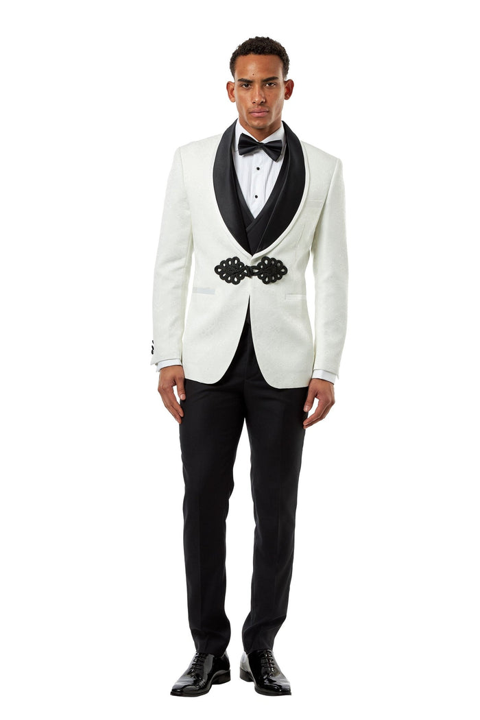Ivory & Black Jacquard 2 Piece Wedding Tuxedo Suit