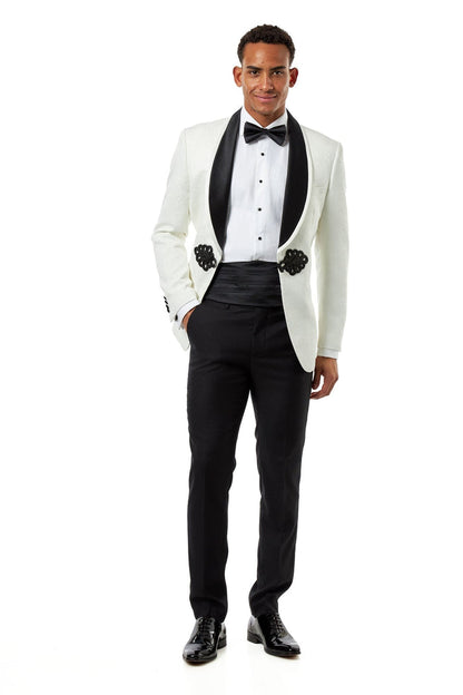 Ivory & Black Jacquard 2 Piece Wedding Tuxedo Suit