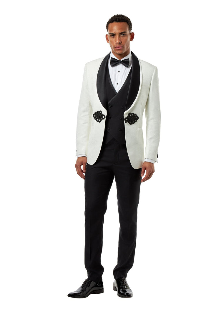 Ivory & Black Jacquard 3-Piece Wedding Tuxedo Suit