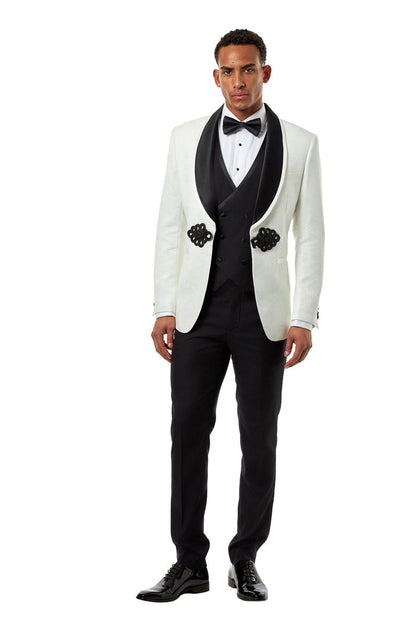 Ivory & Black Jacquard 3-Piece Wedding Tuxedo Suit