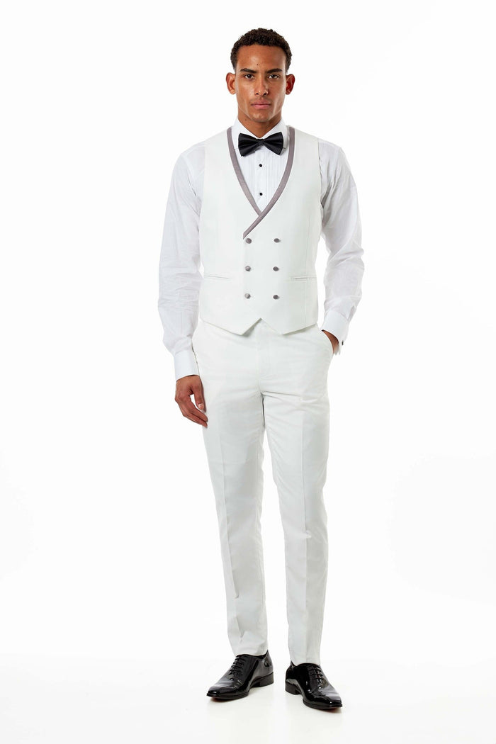 Ivory Double-Breasted Grey Satin Trim Wedding Waistcoat