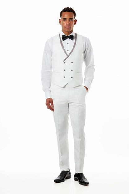 Ivory Double-Breasted Grey Satin Trim Wedding Waistcoat