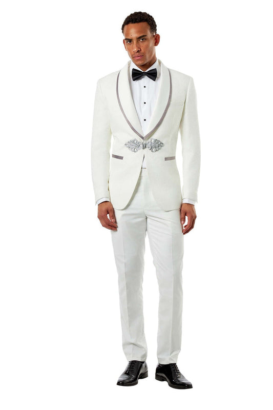 Ivory Jacquard 3 Piece Wedding Tuxedo Suit Tailored Fit