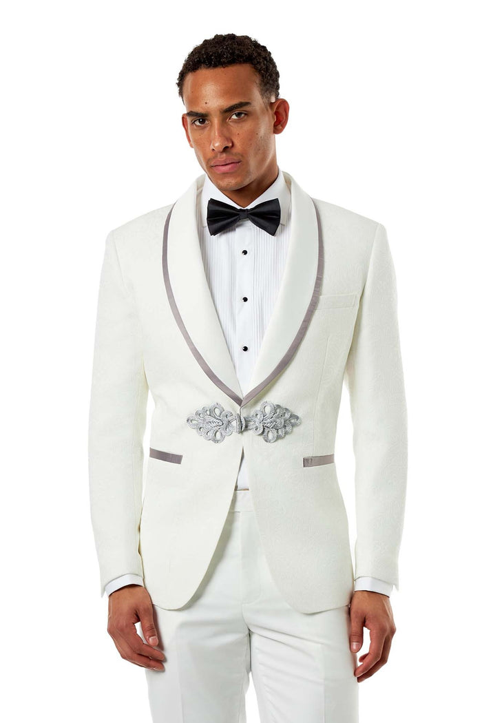 Ivory Jacquard 3 Piece Wedding Tuxedo Suit Tailored Fit