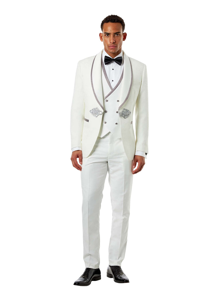 Ivory Jacquard 3 Piece Wedding Tuxedo Suit Tailored Fit