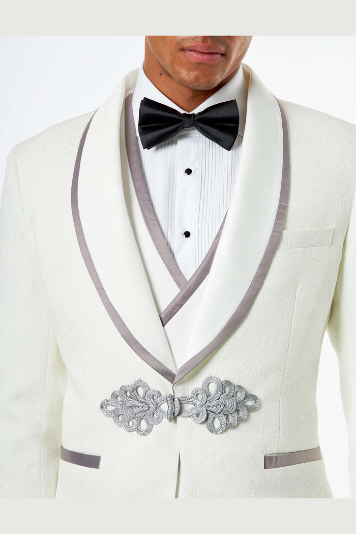 Ivory Jacquard 3 Piece Wedding Tuxedo Suit Tailored Fit