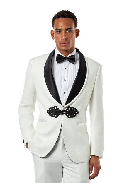 Ivory Jacquard Black Satin Lapel Tuxedo Jacket