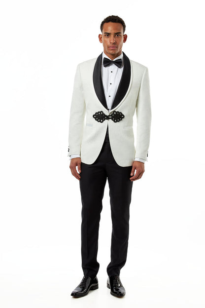 Ivory Jacquard Black Satin Lapel Tuxedo Jacket