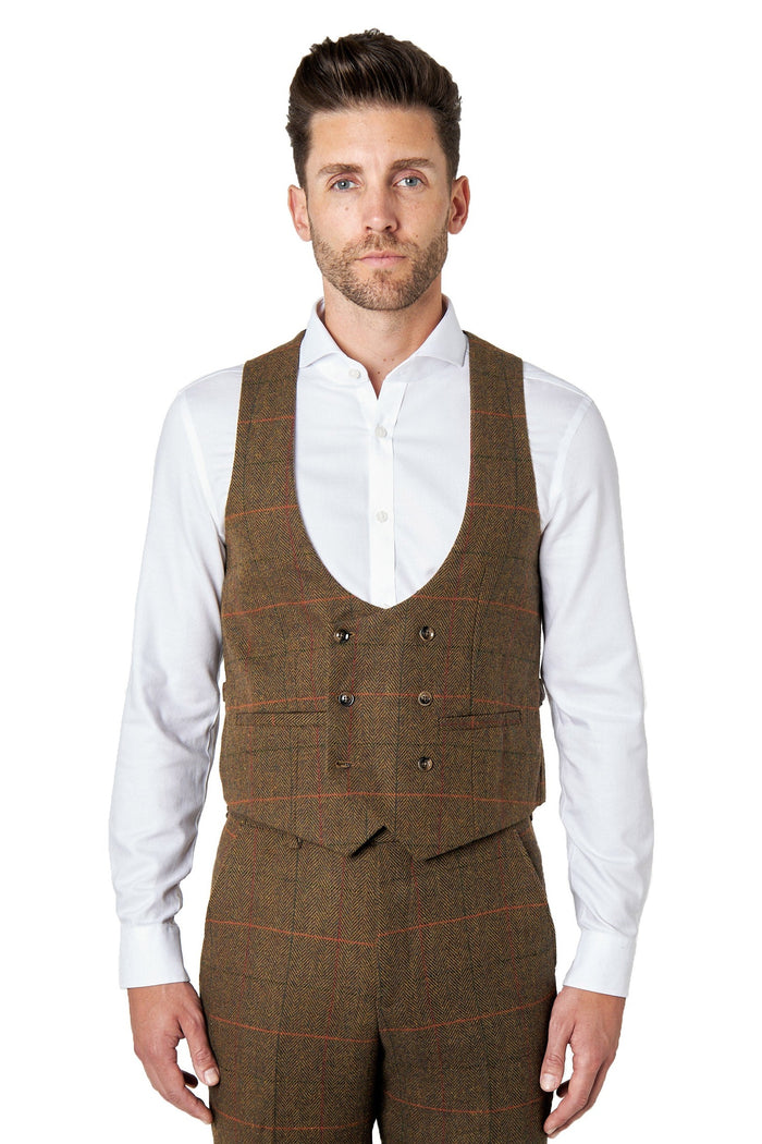 Jarvis - Tan Brown Tweed Check Low U Cut Waistcoat