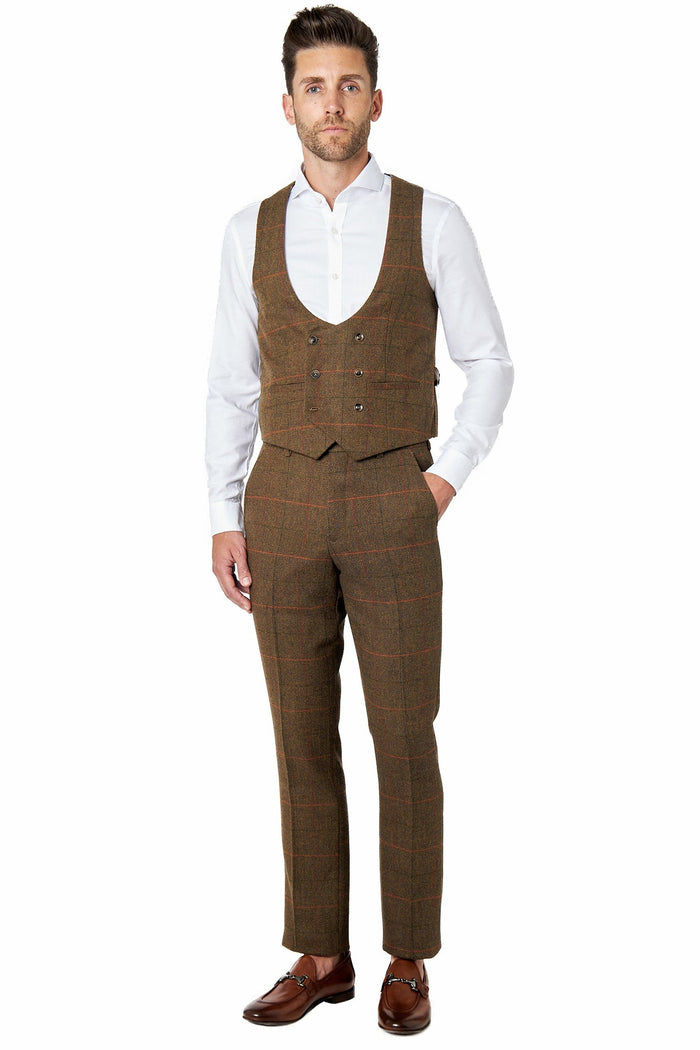 Jarvis - Tan Brown Tweed Check Low U Cut Waistcoat