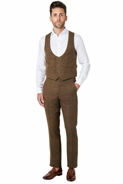 Jarvis - Tan Brown Tweed Check Low U Cut Waistcoat
