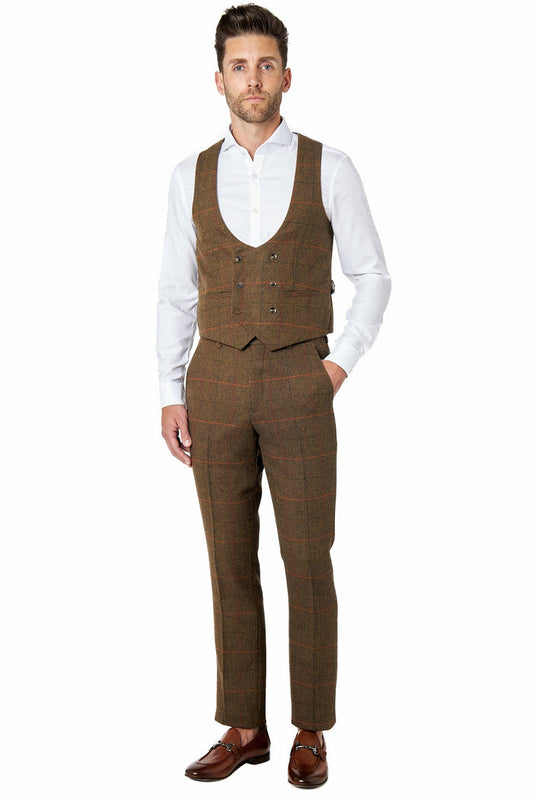 Jarvis - Tan Brown Tweed Check Low U Cut Waistcoat