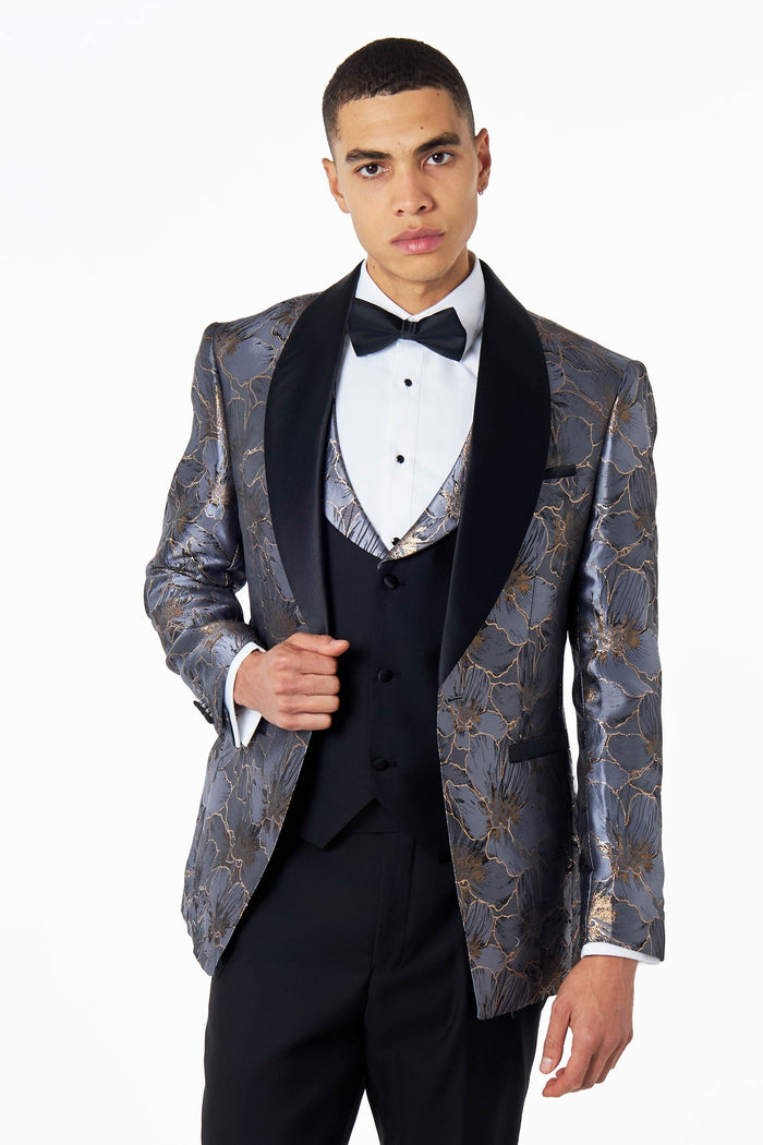 JASON - GREY BLUE FLORAL PRINTED PARTY TUXEDO JACKET