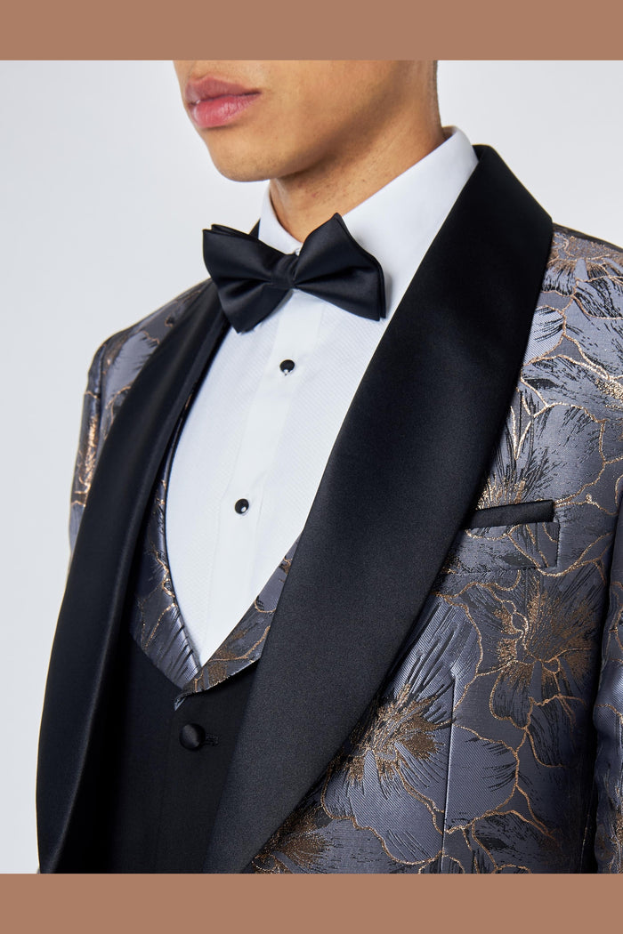 JASON - GREY BLUE FLORAL PRINTED PARTY TUXEDO JACKET