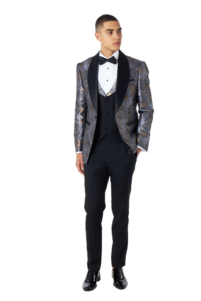 JASON - GREY BLUE FLORAL PRINTED PARTY TUXEDO JACKET