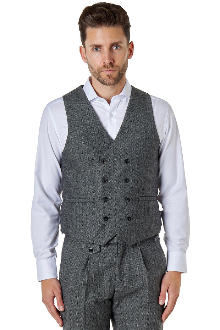 JAX - HERRINGBONE TWEED DOUBLE BREASTED GREY WAISTCOAT