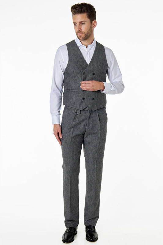 JAX - HERRINGBONE TWEED DOUBLE BREASTED GREY WAISTCOAT
