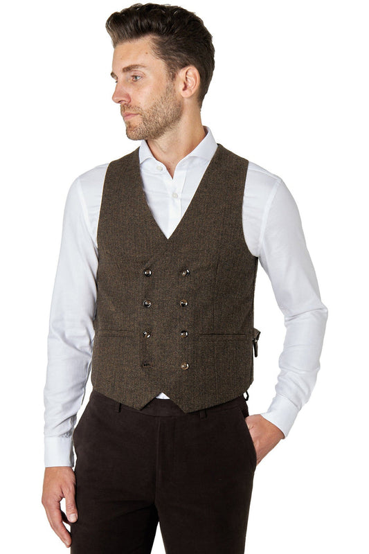 JAX - HERRINGBONE TWEED DOUBLE BREASTED WAISTCOAT IN BROWN