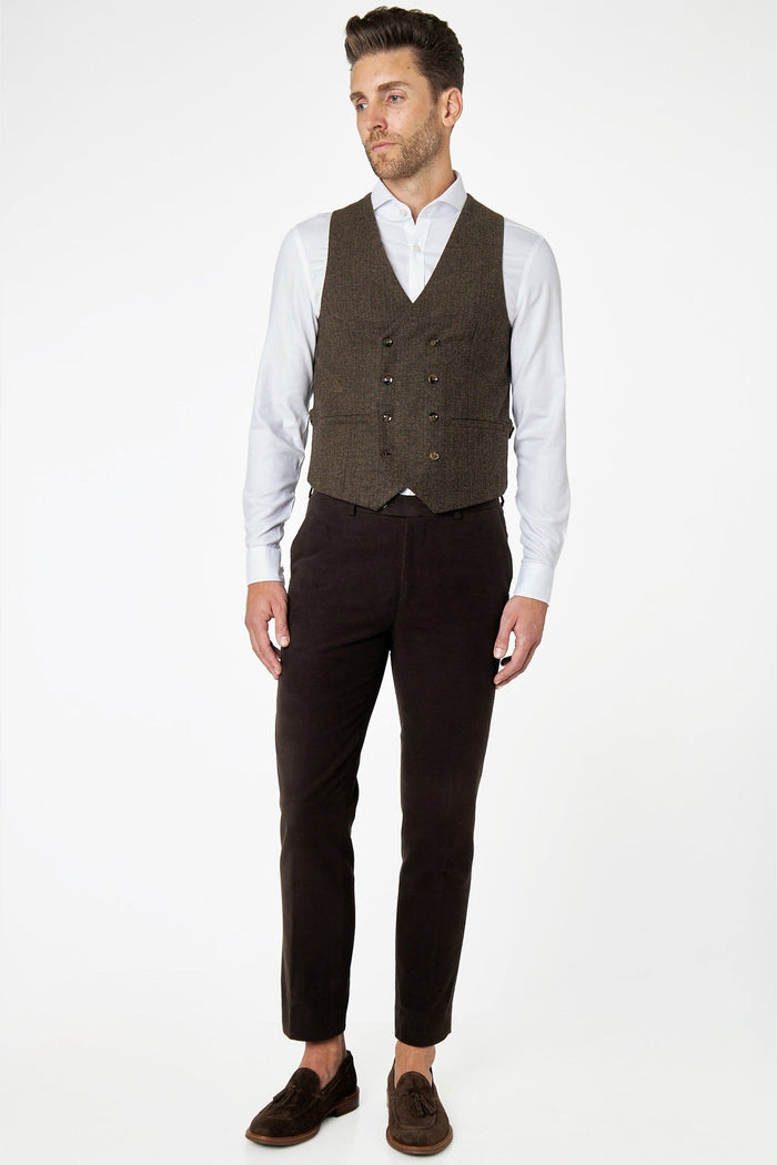 JAX - HERRINGBONE TWEED DOUBLE BREASTED WAISTCOAT IN BROWN
