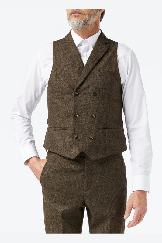 JAX - MEN'S HERRINGBONE BROWN TWEED CLASSIC TAILORED FIT SUIT WAISTCOAT