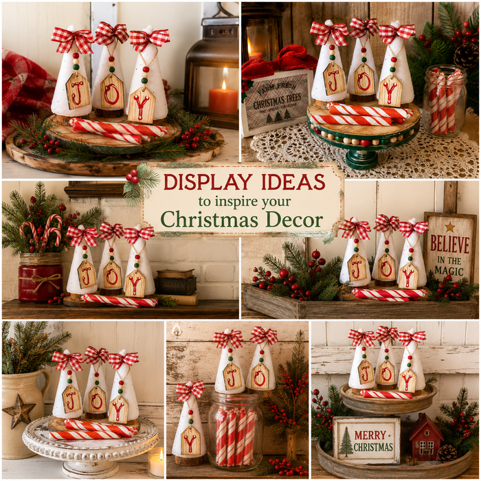 JOY Christmas Tree Display Set | Farm Fresh Trees Sign, Candy Stick Jar and Wooden Stand